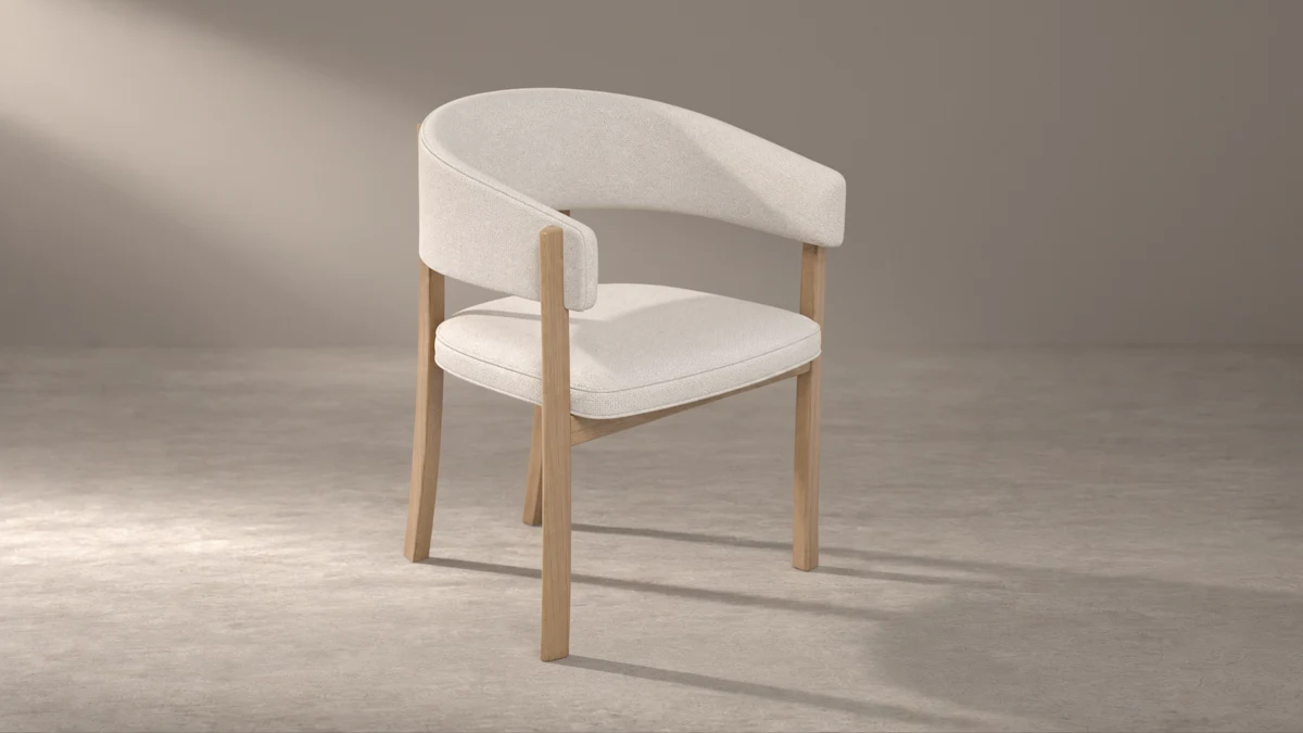 Finished chair with fabric, wood and lighting